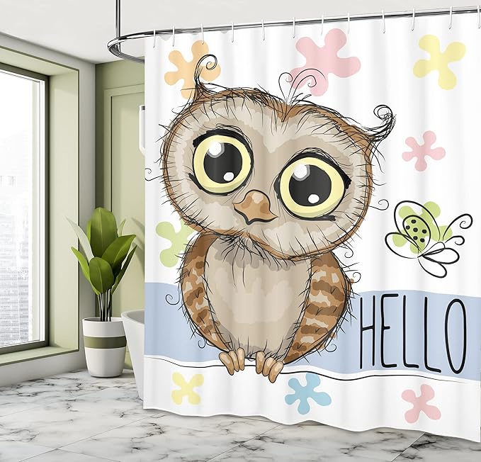 Ambesonne Owls Shower Curtain, Cartoon Owl and a Butterfly on Floral Background Hello Message Illustration, Cloth Fabric Bathroom Decor Set with Hooks, 69" W x 70" L, Rose Cadet Blue Brown