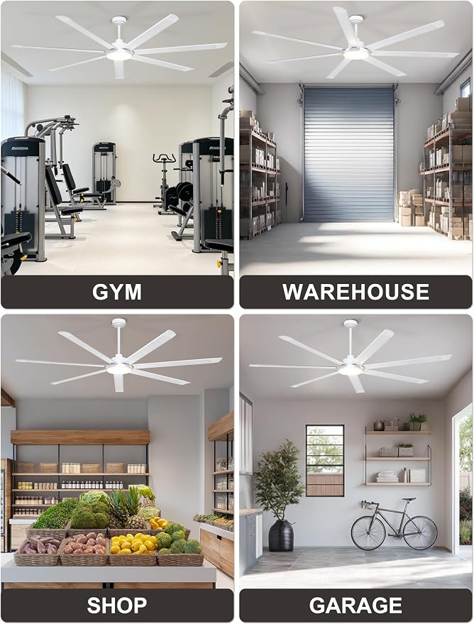 Ohniyou 84'' Industrial Ceiling Fan with Light for Shop, Garage, White | 11000 CFM Airflow, 7 Aluminum Blades, 3CCT, Remote/APP Control, 6 Speeds, Reverse Mode, Large Commercial Metal Fan for Gym