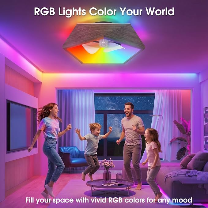 RGB Ceiling Fans with Lights and Remote, 22in Low Profile Ceiling Fans with Lights Flush Mount, 3000K-6500K Dimmable Fandelier LED Fan Light, Walnut Wood Bladeless Ceiling Fans for Bedroom