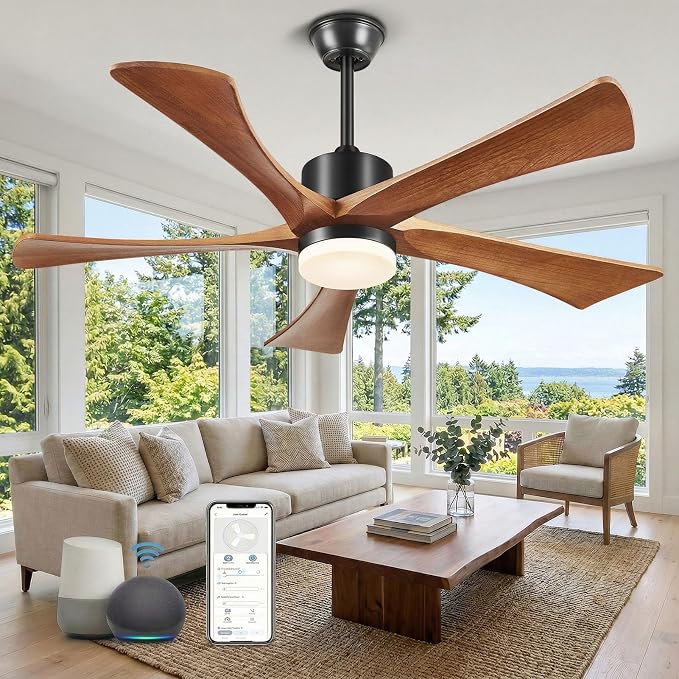 Ceiling Fan with Lights and Remote APP Control, 52" Smart Indoor/Outdoor Ceiling Fan for Patios, USA Original Patent, Dimmable, 5 Blades, 6 Speeds Reversible Fans, 52" Black and Dark Walnut