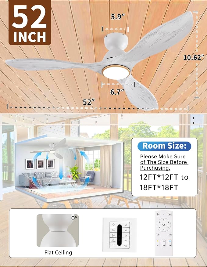 52 Inch Flush Mount Ceiling Fans with Lights and Remote,White and Gold Low Profile Ceiling Fan with Light,Dimmable,Quiet Noiseless DC Motor for Patios,Living Room,Bedroom(Wall Control Switch)