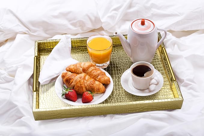ATZYmolin 17"x12" Leather Serving Tray, Gold Handle Vanity Platter, Gold | Rectangle Ottoman Decor Tray, Polished Metal Handles, Coffee Table Bathroom Home Decorative Wood Tray