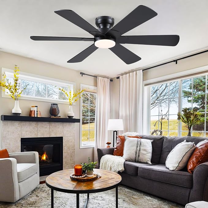 BayDay 52 inch Ceiling Fans with Lights, Black Ceiling Fan with Remote APP, Dual-Sided Modern/Rustic 6 Blades, Reversible, 3CCT, Flush Mount Low Profile Ceiling Fan with Lights Bedroom Kitchen Indoor