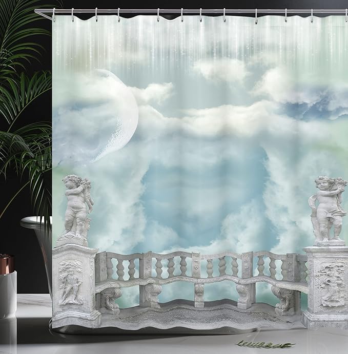 Ambesonne Mystic Shower Curtain, Balcony in The Sky with Angel Castle in Victorian Style Architecture, Cloth Fabric Bathroom Decor Set with Hooks, 69" W x 75" L, White Blue