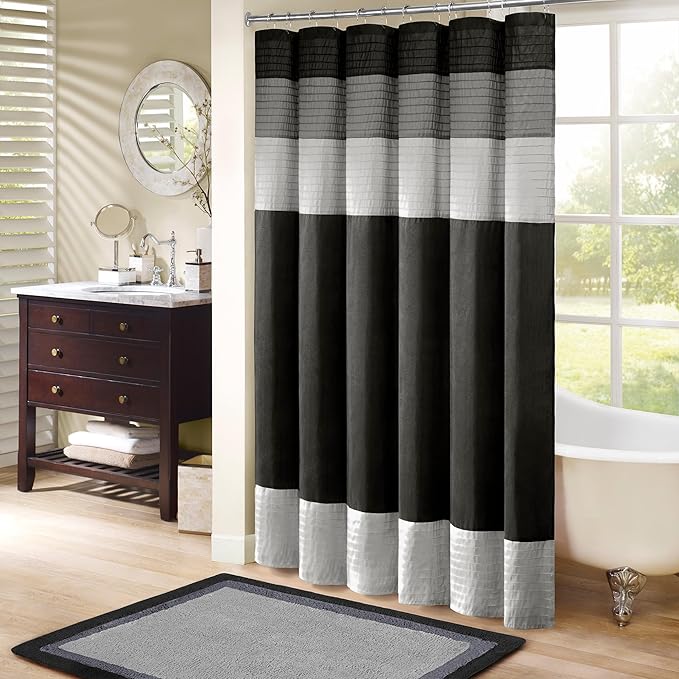 Madison Park Amherst Bathroom Shower Curtain Faux Silk Pieced Striped Modern Microfiber Bath Curtains, 72x84 Inches, Black