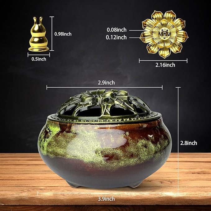 Ceramic Incense Burner, Bowl Burner,Cone Incense Burner with Brass lid for use with Stick or Cone-Shaped Incense，Lotus Incense Stick Holder Calabash Incense Stick Holder, 3pc (Fambe Green)