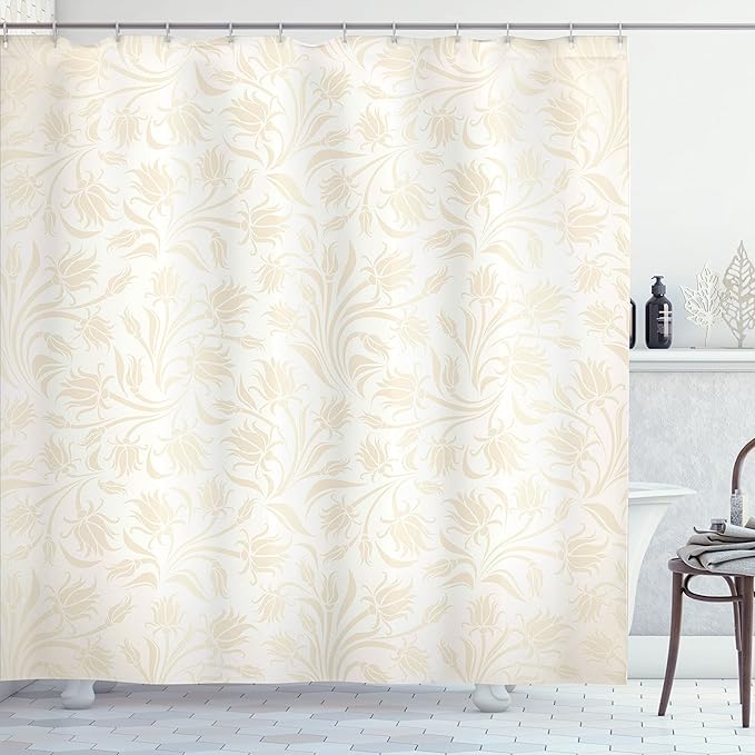 Ambesonne Ivory Shower Curtain, Baroque Style Curved Leaves and Floral Blooms Nature Beauty Continuous Design, Cloth Fabric Bathroom Decor Set with Hooks, 69" W x 70" L, Cream