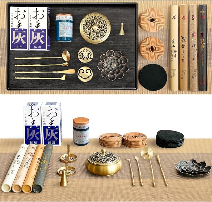 29 Pcs Brass Powder Incense Burner Kit, Incense Making Kit, Incense Powder with Incense Stick Holder(Stick/Cone/Coil Incense) Ash Catcher Tray As Gift for Yoga and Meditation (Glod)