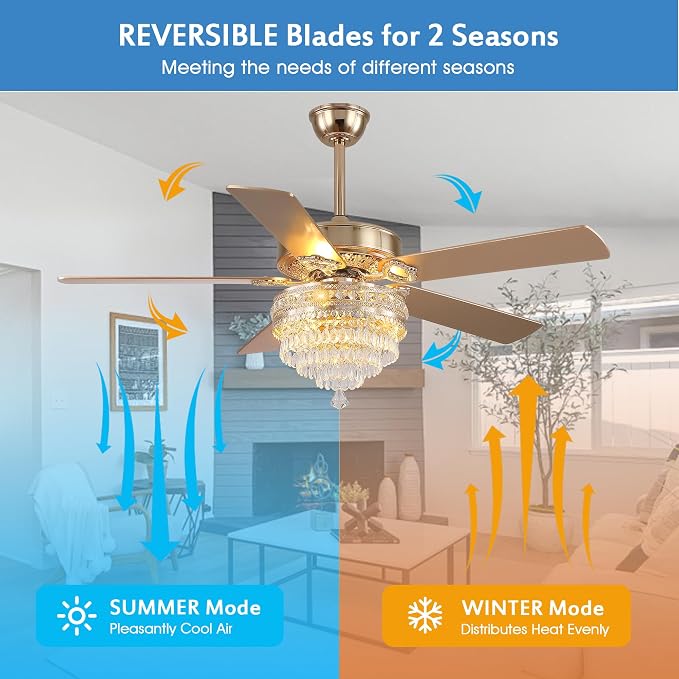 GJeg Crystal Ceiling Fan Fandelier with Lights - Retro Outdoor Fans with Remote Control, Farmhouse Ceiling Fan with Noiseless AC Reversible Motor,Dining Room,Living Room(52" Gold)