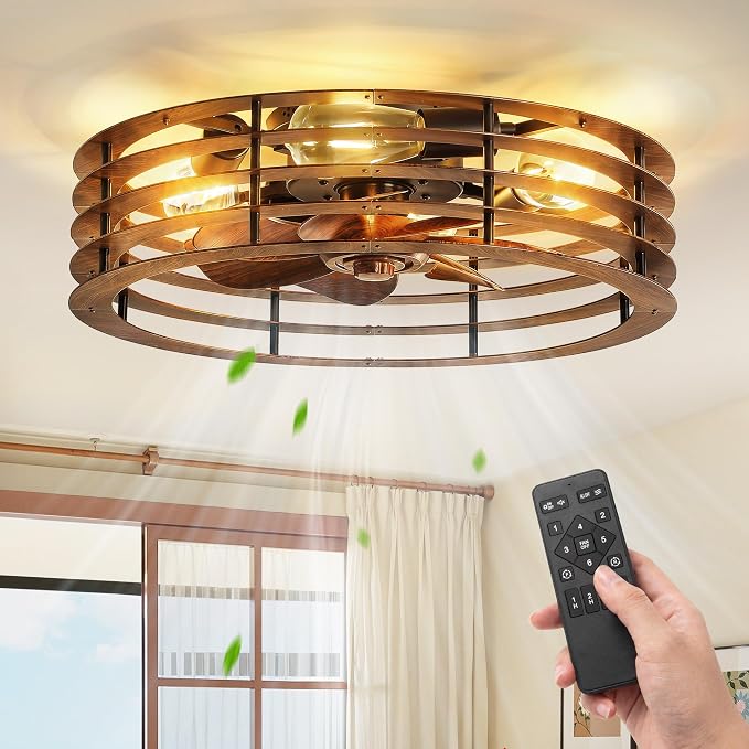 LEDIARY 20" Flush Mount Caged Ceiling Fan with Light, Low Profile Ceiling Fans with Light and Remote, 6 Speed & Reversible, Farmhouse Enclosed Fan Lights for Bedroom, Kitchen, Living Room