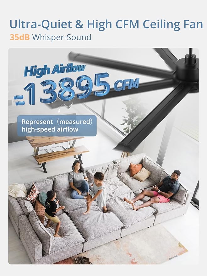 ZMISHIBO 96" Large Industrial Ceiling Fans No light with Aluminum 8 Blades, Commercial HVLS Ceiling Fan without Light,Quiet DC Motor,6 Speeds, Indoor Outdoor Ceiling Fan for Patio, Garage Shop,Black