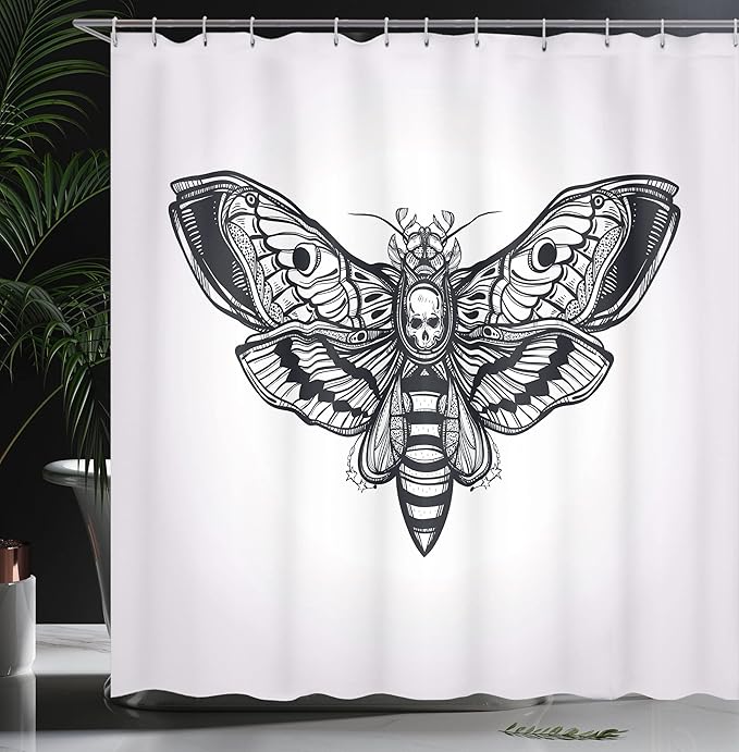 Ambesonne Skull Shower Curtain, Dead Moth with Skull Face in Gothic Grunge Style Dark Butterfly Inner Self Journey, Cloth Fabric Bathroom Decor Set with Hooks, 69" W x 70" L, White Black