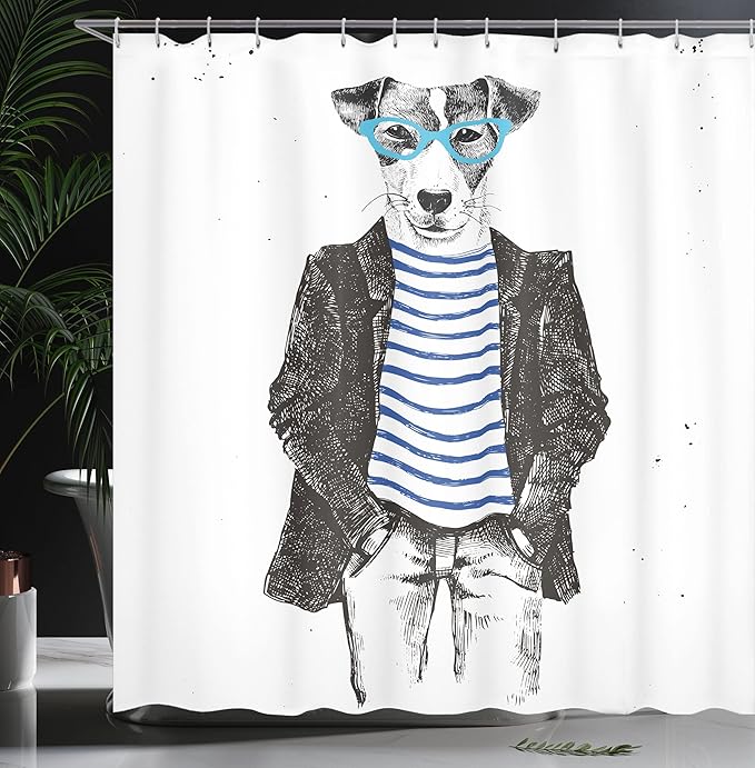 Ambesonne Quirky Shower Curtain, Hipster Jack Russell Dog with Glasses Hand Drawn Sketchy Fashion Animal Fun, Cloth Fabric Bathroom Decor Set with Hooks, 69" W x 84" L, Black White
