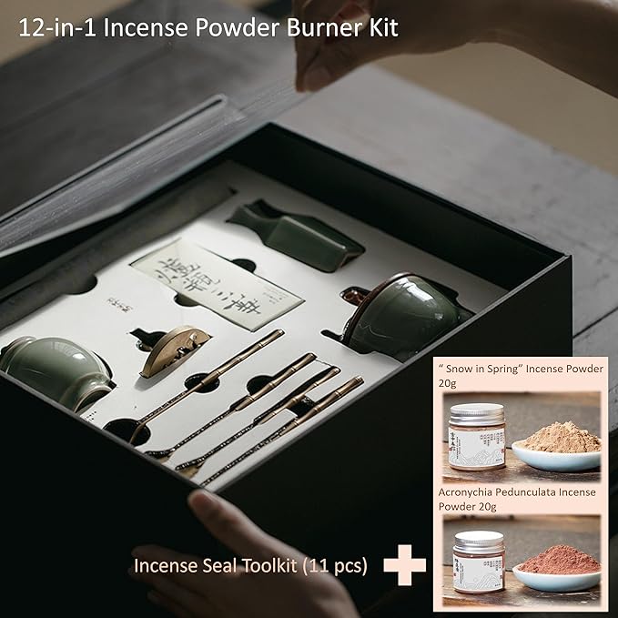 Celadon Incense Powder Burner Kit - Making Seal with 12pcs Toolskit, Chinese Holder for Stick/Cone/Coil/Powder, Gift for Women