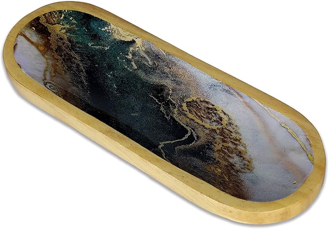 Bless-International Traditional-Handmade-Tray-Burner Wooden-Trat-Incense-Stick-Holder Ash-Catcher-Stand for-Aromatherapy-Meditation-Yoga (Green White Agate, 11x4x1.22 Inches)