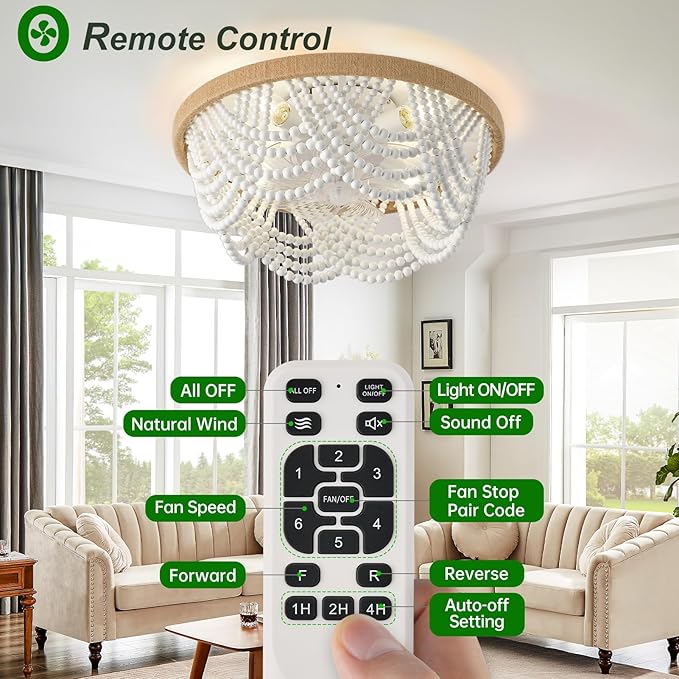 Ceiling Fans with Lights and Remote - Bulbs Included, Caged Fandelier with Handcrafted Beaded Décor 19 inches Reversible Flush Mount Installation Ceiling Fan, White