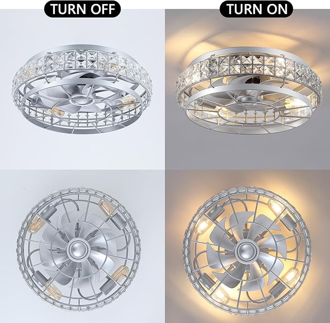 SHIHOT 18" Crystal Low Profile Caged Ceiling Fans with Lights and Remote | Safe Crystal Caged-Design,Supports Both Remote and APP,6 Wind Speeds, Reversible, Quiet DC Motor,Suits for Bedroom Kidsroom