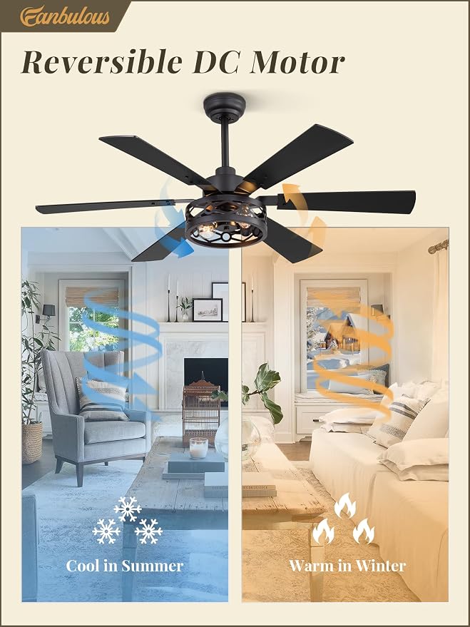 Fanbulous 50 Inch Ceiling Fan with Lights, Farmhouse Caged Ceiling Fans with Remote, Black Industrial Ceiling Fans with Quiet Reversible DC Motor, Small Ceiling Fan for Living Room, Bedroom