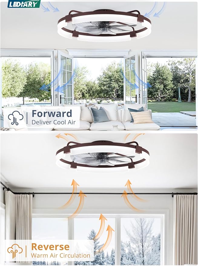 LEDIARY 24" Ceiling Fans with Lights and Remote, Modern Low Profile Ceiling Fan, 3 CCT, Stepless Dimmable, Fandelier Flush Mount Fan Light, 6 Speeds, DC Motor, App & Remote Control for Bedroom(Brown)