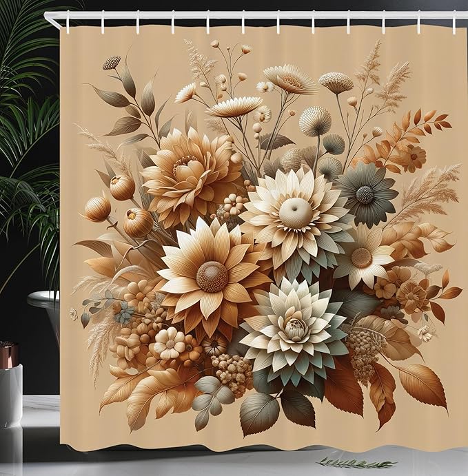 Ambesonne Tan Shower Curtain, Modern Autumn Tones Blooming Peony Flower Huddle with Leaves Earthy Romance, Cloth Fabric Bathroom Decor Set with Hooks, 69" W x 75" L, Almond Dark Sea Green