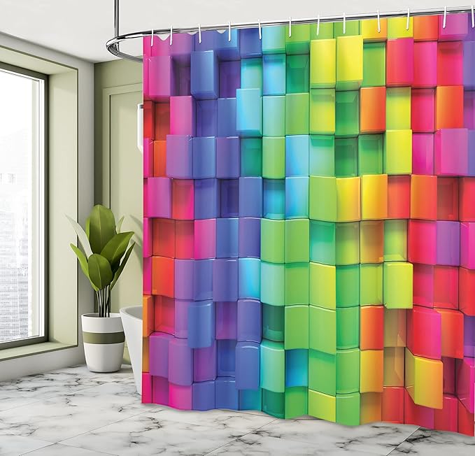 Ambesonne Colorful Shower Curtain, Rainbow Colored Contour Display Futuristic Block Brick-Like Geometric Artisan, Cloth Fabric Bathroom Decor Set with Hooks, 69" W x 84" L, Sky Blue Indigo Fern Green