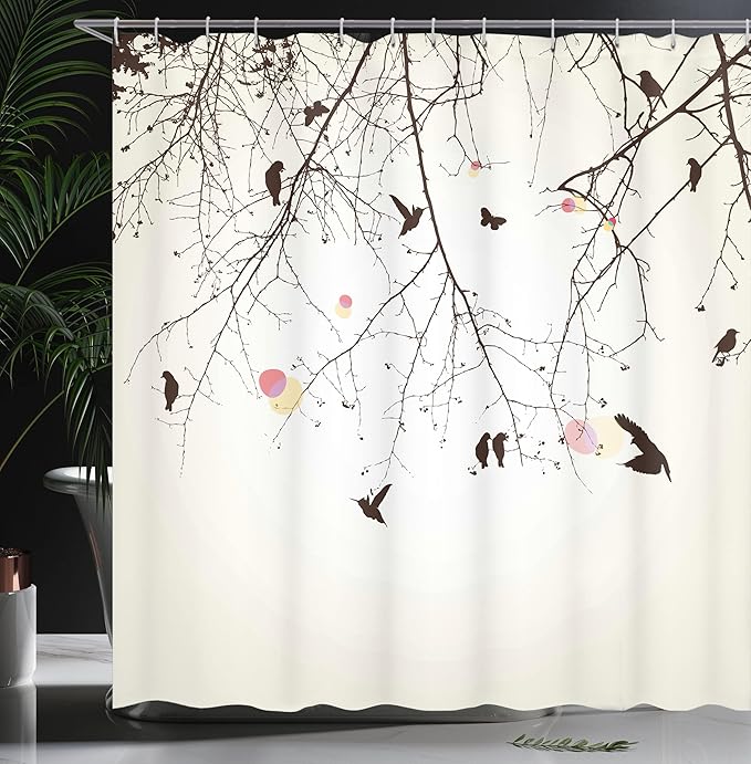 Ambesonne Nature Shower Curtain, Tree Branches Birds and Flowers Floral Spring Season Sunbeams Circles Art, Cloth Fabric Bathroom Decor Set with Hooks, 69" W x 75" L, Pink