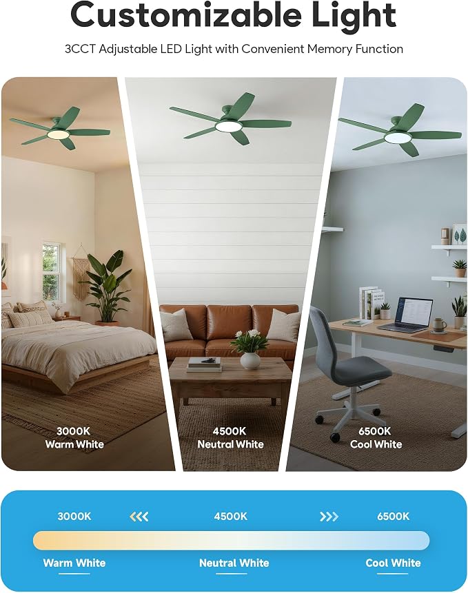 VONLUCE Ceiling Fans with Lights, 52 Inch Ceiling Fan and Remote, Full-spectrum LED Light, 3CCT, 6-Speeds Noiseless Reversible DC Motor, Modern Ceiling Fan for Farmhouse Bedroom Indoor, Green