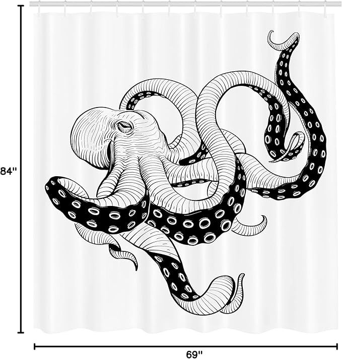 Ambesonne Octopus Shower Curtain, Octopus Vintage Style Illustration Kraken Sea Creature with Tentacles Nautical, Cloth Fabric Bathroom Decor Set with Hooks, 69" W x 84" L, White Charcoal