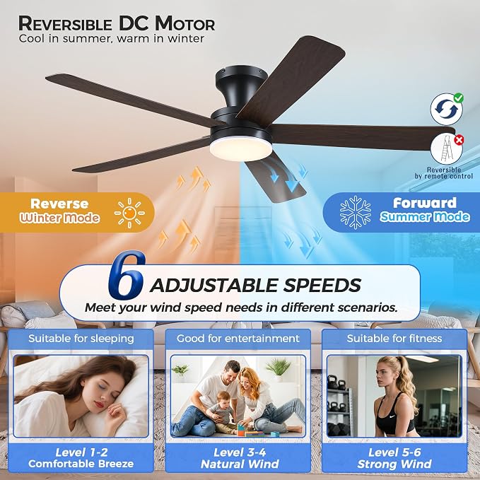 Ayaoty 46" Ceiling Fans with Lights and Remote - Flush Mount Ceiling Fan Light with ABS Blades and 3CCT Dimmable, Reversible, Low Profile Fan Light for Indoor Modern Bedroom, Kitchen, Brown