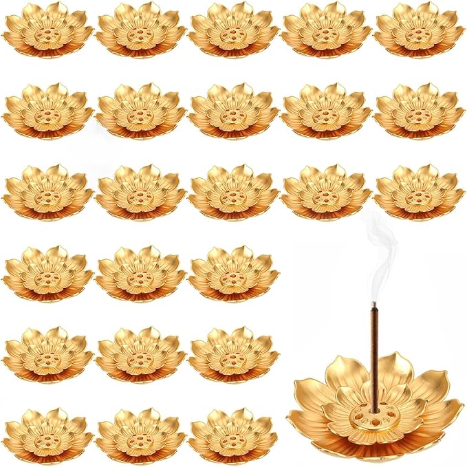24PCS Large Lotus Incense Holder, 4.2’’ Gold Incense Burner for Sticks & Cones, Stable Metal Ash Catcher, Lotus Incense Holder for Meditation Yoga Home Decor