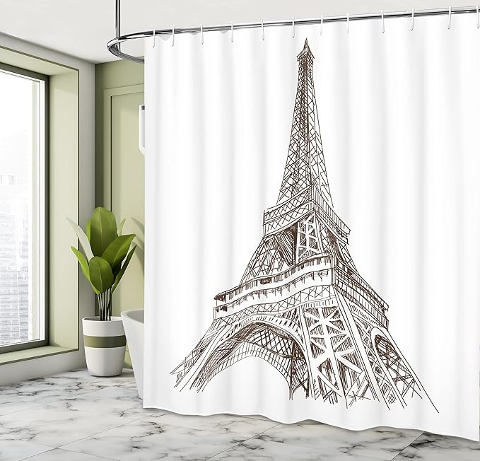 Ambesonne Paris Shower Curtain, Sketchy Look Illustration of Eiffel Tower European Building Art Work Print Classic, Cloth Fabric Bathroom Decor Set with Hooks, 69" W x 70" L, Brown