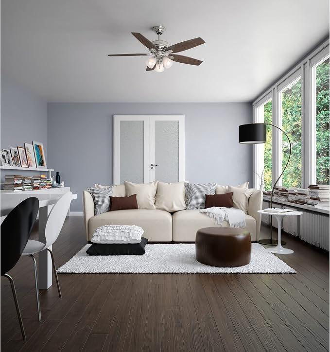 Hunter 52 inch Indoor Ceiling Fan with LED Lights - Ceiling Fan with Pull Chain, For Bedroom or Living Room, Standard Mount, No Remote, 5 Blades, Includes Bulbs - Newsome 53318, Brushed Nickel | with LED Lights, Standard Mount, 5 Blades, For Bedroom, L...