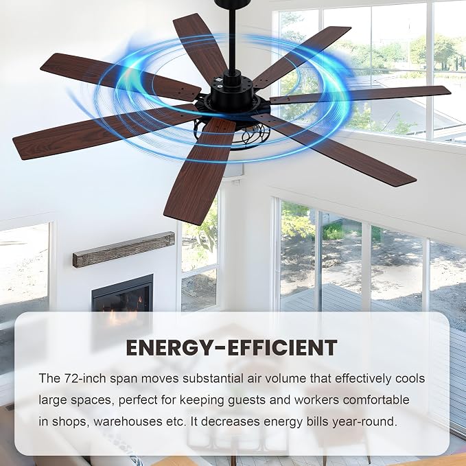 Dawn Whisper 72 Inch Farmhouse Ceiling Fans with Lights Black Industrial Caged Ceiling Fans with 6 Speed Reversible Motor and Dual Finish 8 Blades Rustic Ceiling Fan for Living Room
