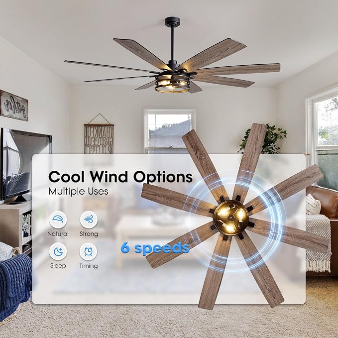 LuminFan 72 inch Large Ceiling Fans with Lights and Remote, Black Modern Ceiling Fan for Living Room, Patios, 6 Speed Reversible Quiet DC Motor, 8 Blades, Easy to Install