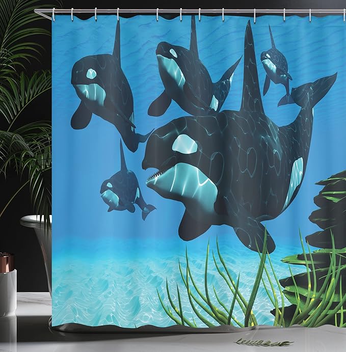 Ambesonne Whale Shower Curtain, Pod of Killer Whales Swim Along a Reef Looking for Fish Prey Ocean Picture Print, Cloth Fabric Bathroom Decor Set with Hooks, 69" W x 70" L, Sky Blue Green