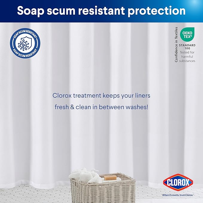 Clorox 2-in-1 Bathroom Shower Curtain Liner w Metal Hooks, Durable Fabric, Weighted Magnets for Bath Water Control, Washable Premium Quality, Modern - 72" x 72" White