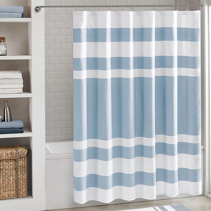 Madison Park Shower Curtain, Waffle Weave, Pieced Design Fabric Shower Curtain with 3M Scotchgard Moisture Management, Premium Spa Quality Modern Shower Curtains for Bathroom, Wide 108"x72" Blue