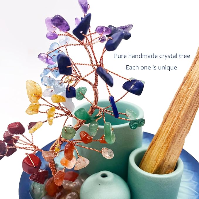 5 in 1 Incense Burner Holder with Crystal Tree for Burning Palo Santo Stick, Sage, Incense Sticks, Candle, Ceramic Tray Ash Catcher, Meditation Gift (Sky-Blue)