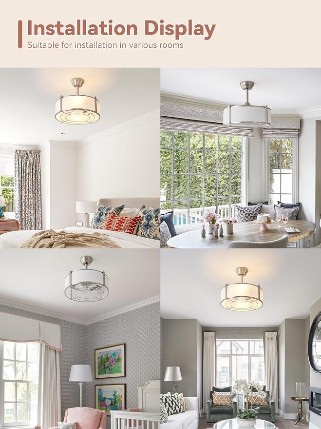 20" Silver Fandelier Ceiling Fans with Lights, Boho Rattan Ceiling Fan with Light Remote Control, Caged Mid-Century Modern with 6 Speeds for Bedroom, Nursery, Living Room
