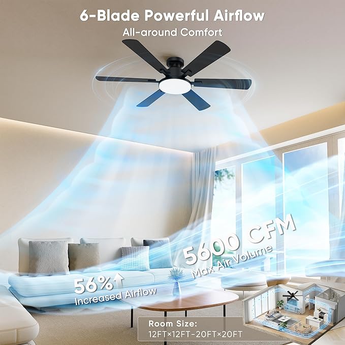 52 Inch Ceiling Fans with Lights, 6 Double Sided Blades, Ultra Quiet Reversible DC Motor, Remote & APP Control, 6 Speeds, 3CCT Dimmable LED with Memory Function, Flush Mount for Living Room, Black