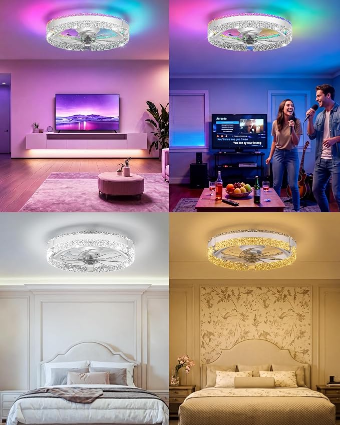 RGB Low Profile Ceiling Fan with Lights, Ceiling Fans with Lights and Remote, 3000-6500K Dimmable Modern Flush Mount LED Fan Lights, 6 Wind Speeds Ceiling Fans for Bedroom(White-Cream)