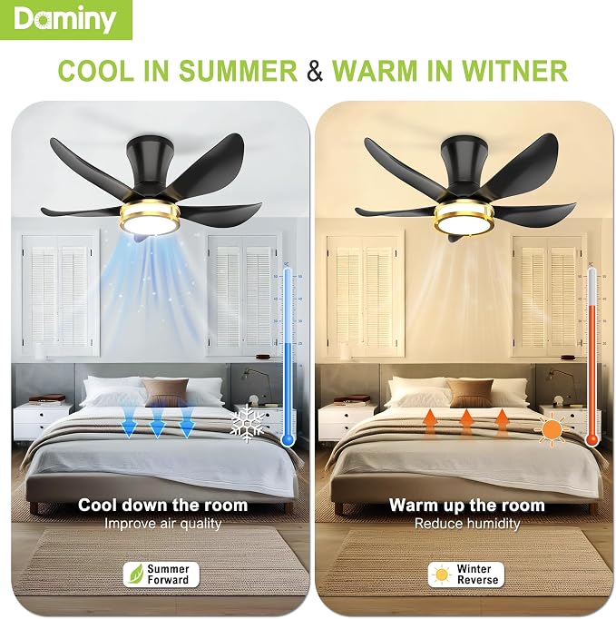 DAMINY 30 Inch Black and Gold 5 Blade Ceiling Fan with Light, Modern Ceiling Fan with Remote,Large Airflow,Flush Mount,6CCT,Dimmable,Noiseless,Bedroom