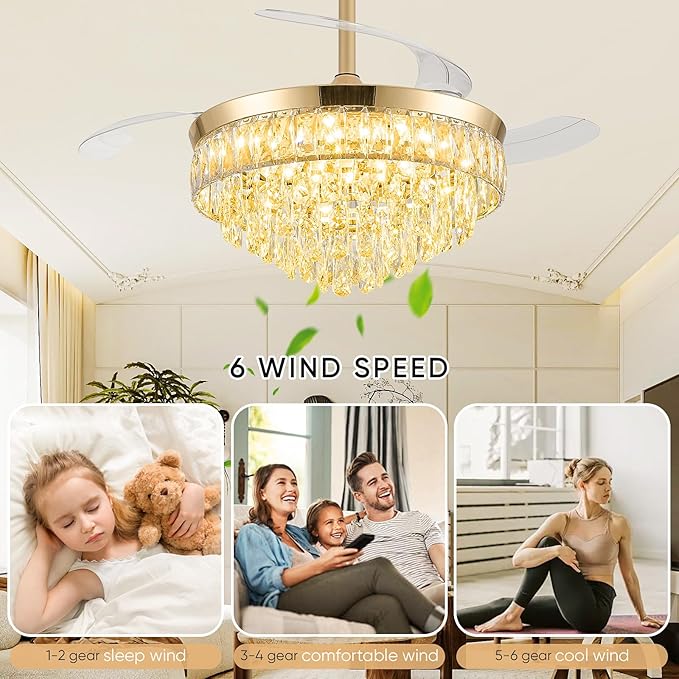 42'' Chandelier Ceiling Fan with Lights, Retractable Fan with Remote and APP, Crystal Fandelier Ceiling Fan, Dimmable LED, Reversible Motor, Quiet for Bedroom Living Room-Gold