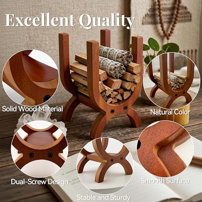 Solid Wood Palo Santo Holder - Large Capacity Sage Bundle Storage Rack | Rustic Wooden Smudge Sticks Display Stand & Organizer for Altar Decor, Yoga Meditation Spiritual Gifts (Brown)