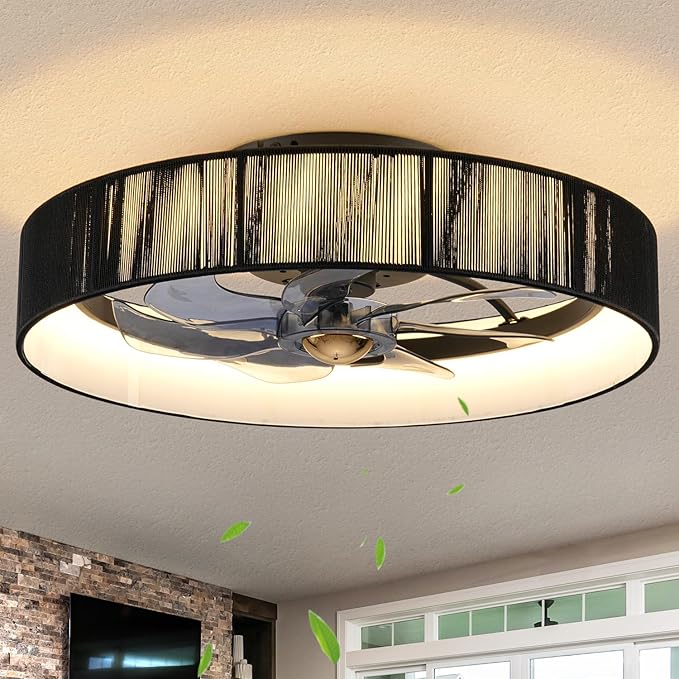 20" Flush Mount Caged Ceiling Fan with Lights, Low Profile Fandelier with Remote/App Control, 6 Speeds Dimmable LED Ceiling Fan, Fabric Farmhouse Style for Bedroom Kitchen Living Room（Black）