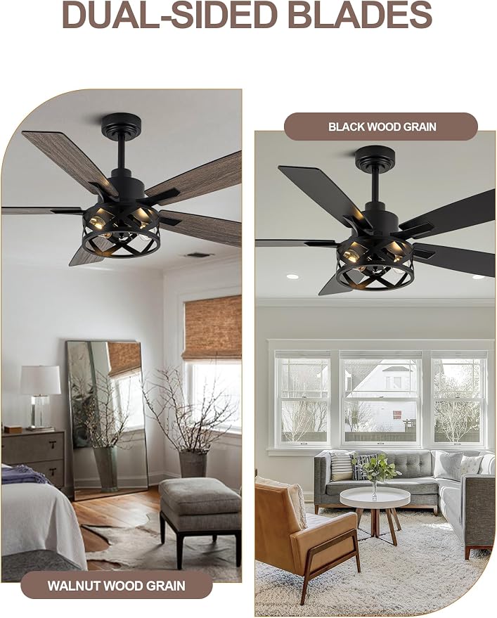 52 Inch Farmhouse Ceiling Fan with Light and Remote Industrial Ceiling Fan Quiet and Reversible DC Motor Rustic Caged Chandelier Fan for Living Room Bedroom Patio