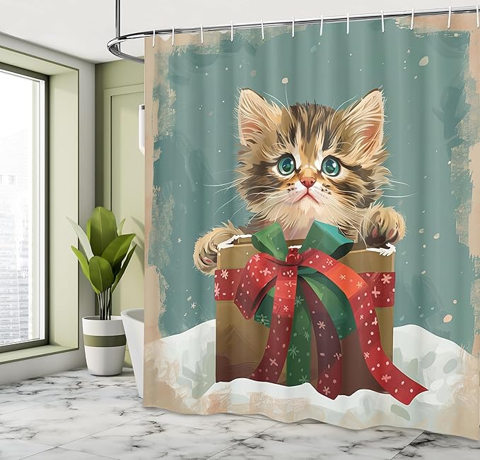 Ambesonne Christmas Shower Curtain, Cartoonish Delicate Tabby Cat Kitten with Classic Paint Look Lines, Cloth Fabric Bathroom Decor Set with Hooks, 69" W x 84" L, Cadet Blue Fawn Dark Pink