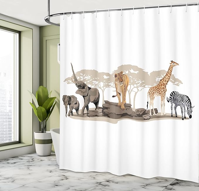 Ambesonne Savannah Shower Curtain, Cartoon Illustration of Wild Savannahs Animals Exotic Giraffe Lion Zebra Print, Cloth Fabric Bathroom Decor Set with Hooks, 69" W x 70" L, Brown Beige
