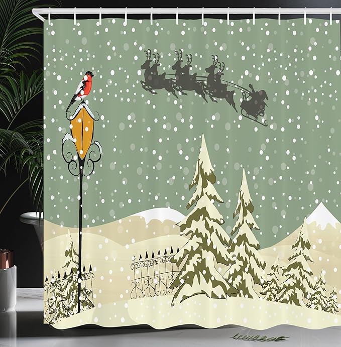 Ambesonne Christmas Shower Curtain, Santa Claus Flying Reindeer Christmas Composition Winter Season, Cloth Fabric Bathroom Decor Set with Hooks, 69" W x 84" L, Beige Green White