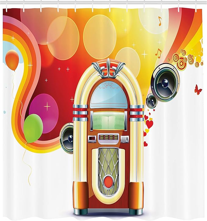 Ambesonne 1950s Shower Curtain, Party Abstract with Detailed Classic Juke Box Celebration Colored Cheerful Fun Event, Cloth Fabric Bathroom Decor Set with Hooks, 69" W x 84" L, Yellow Red